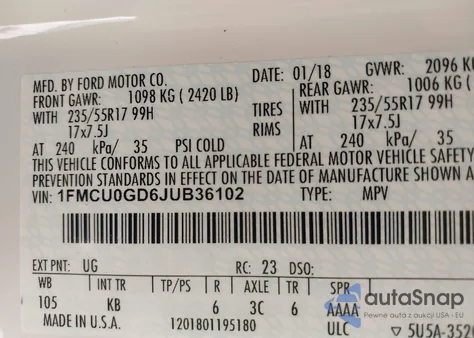 2018 Ford Escape Se from USA, damaged, VIN 1FMCU0GD6JUB36102